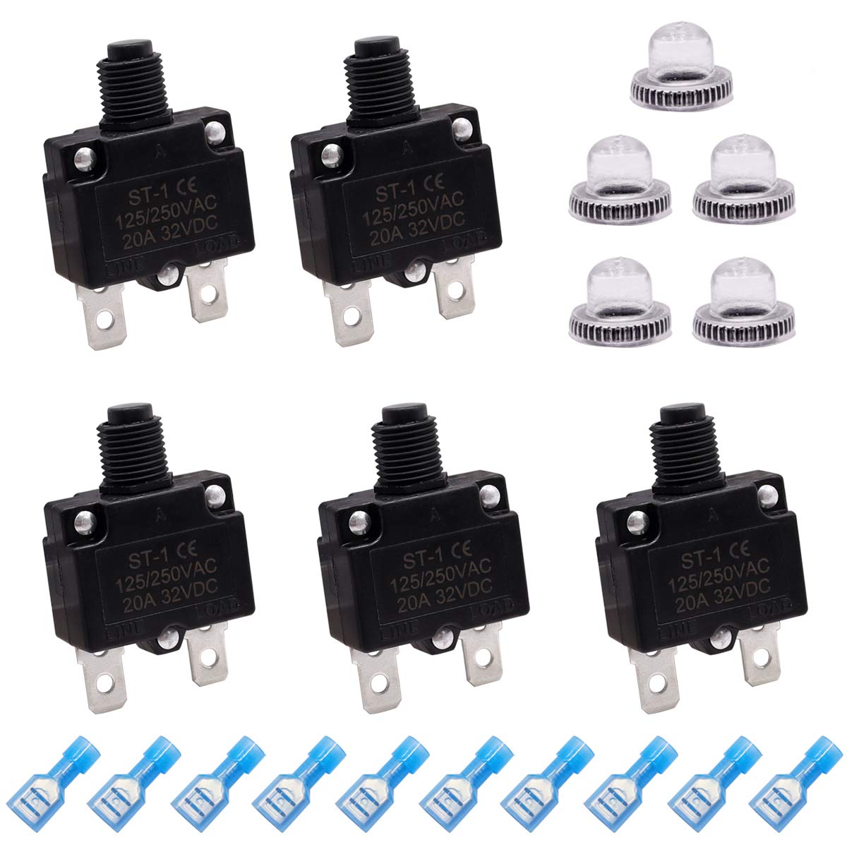 mxuteuk 5Pcs 20Amp Circuit Breakers Push Button Manual Reset 125/250V AC 32V DC,Overload Protector Switch Thermal Circuit Breake