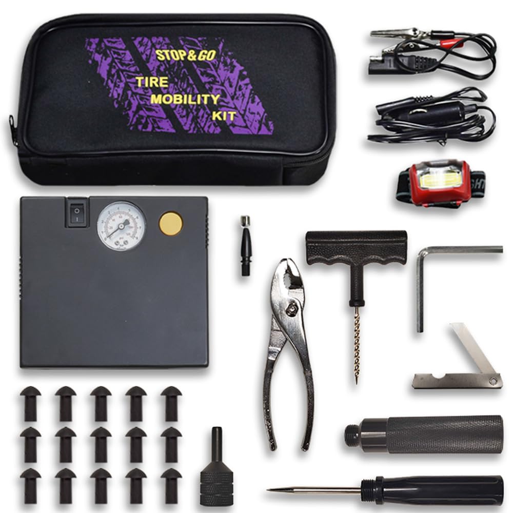Stop & Go 5001 24 Piece Tubeless Mushroom Plug Tire Mobility Repair Kit & Air Compressor For Punctures & Flats On Car, Trucks, T