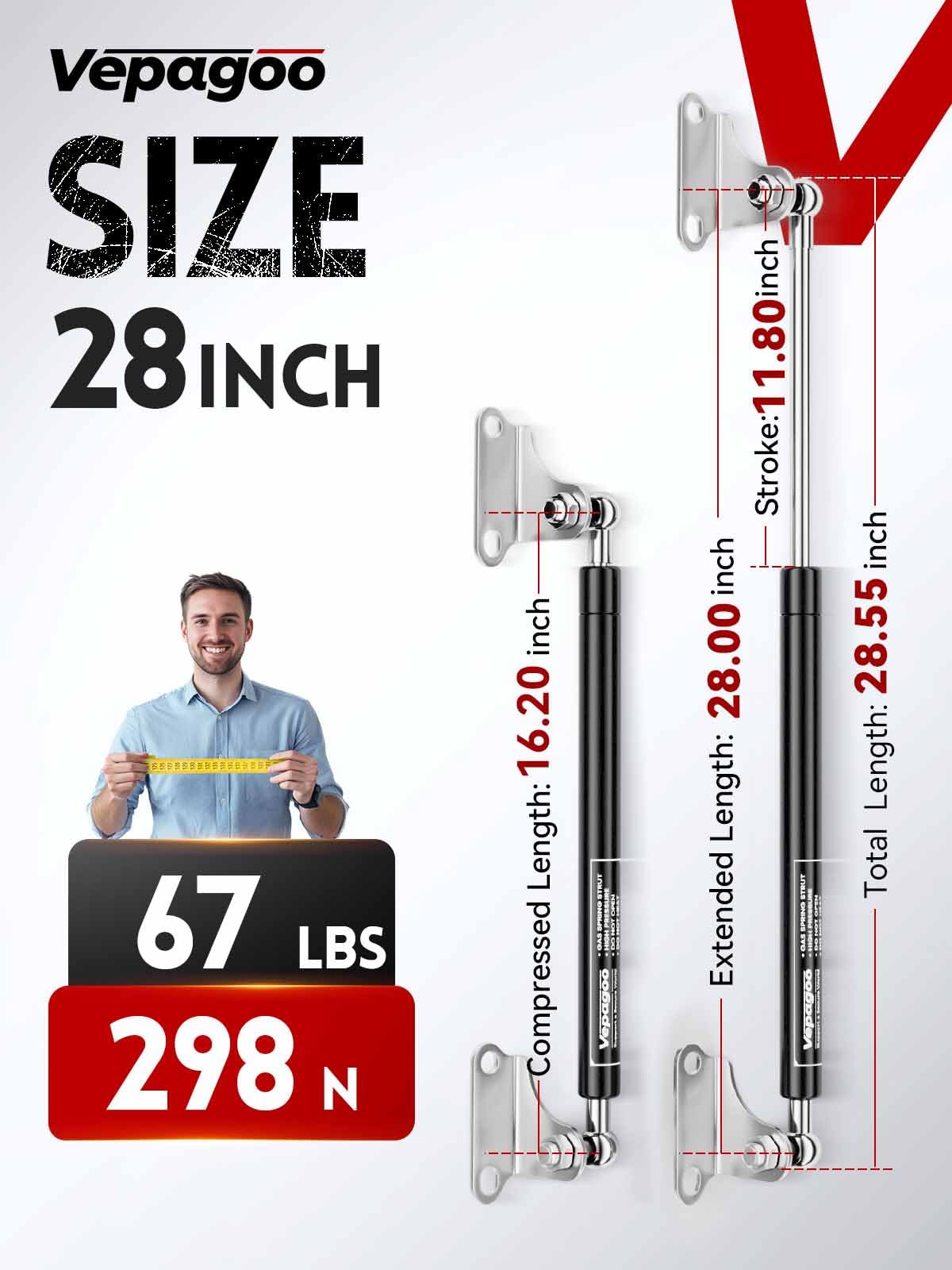 Vepagoo 28 Inch Gas Struts 67Lb/298N Shock With Mounting Brackets, Lift Supports For Rv Bed Storage Truck Bed Cover Basement Tra