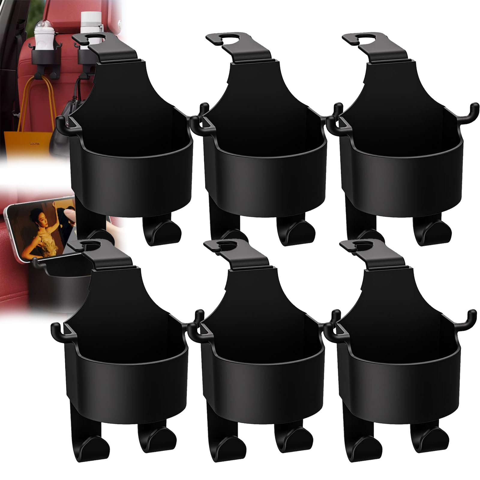 XINYIELE Multifunctional Car Seat Back Hook & Cup Holder, 3 in 1 Backseat Organizer (Type-A 6PCS)