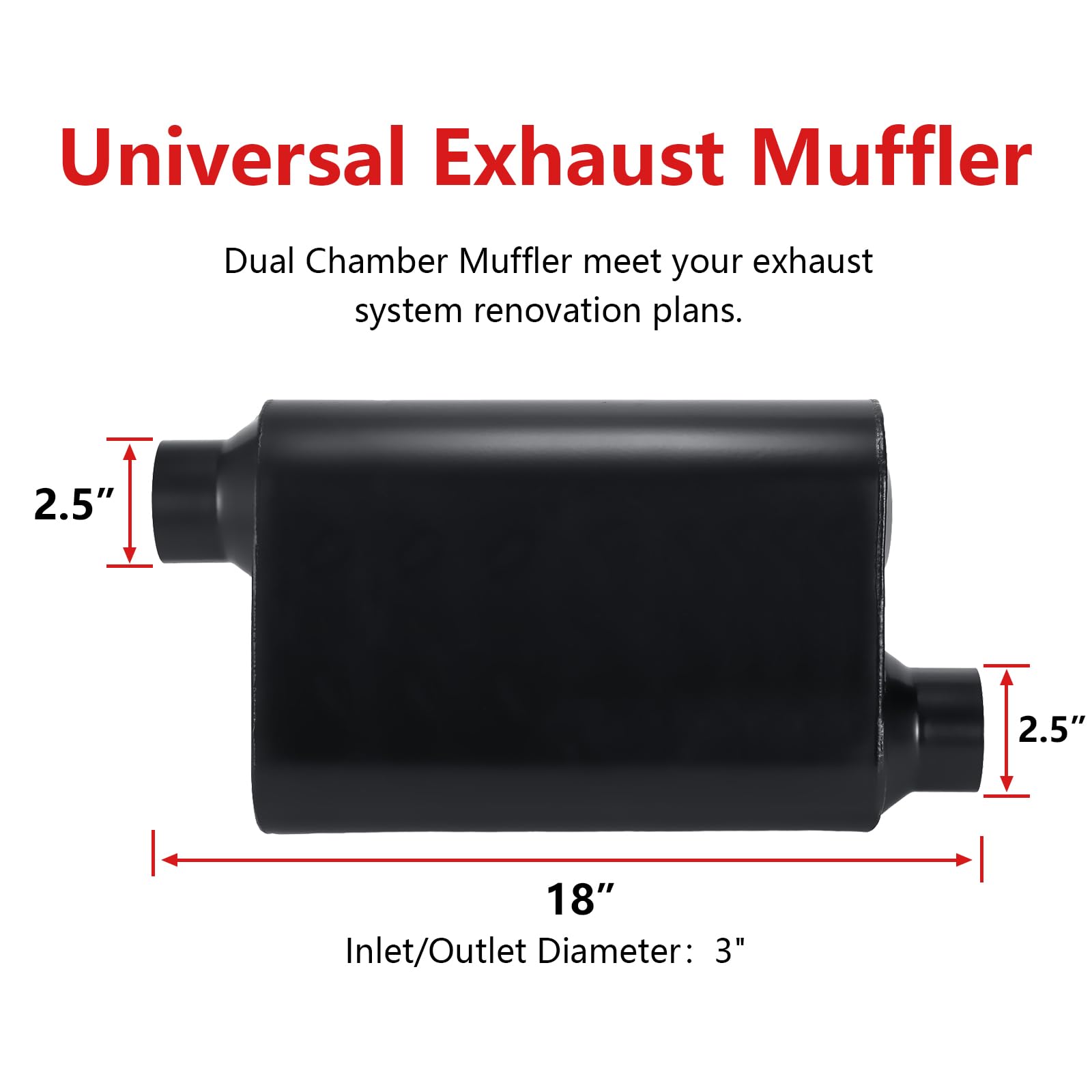 TECTRUC Muffler 2 Chamber 2.5'' Universal Mufflers Performance Exhaust Muffler 2.5 inch,Aggressive Deep Sound,Black(2.5'' offset