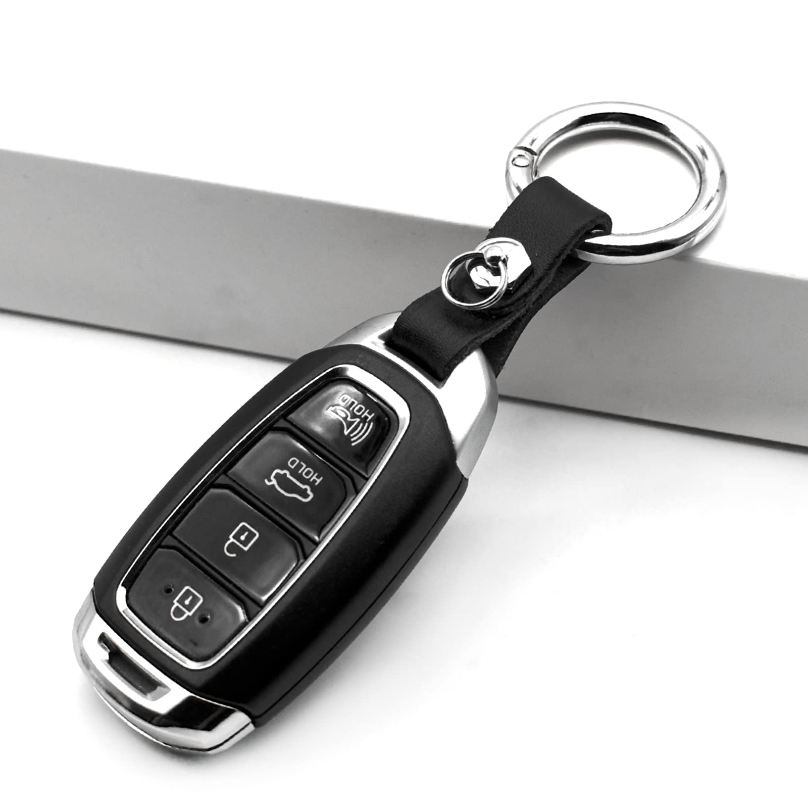 Feyoun Key Chain Car Key Clip Quick Release Leather Car Keychain For Men And Women - Black Color, With Anti-Lost Ring, Short