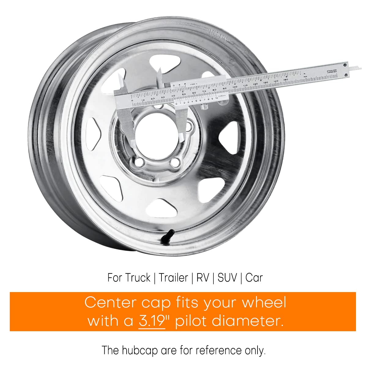 Gtownworks 4Pcs 3.19 Inch Wheel Center Caps Fit 3.19' Center Bore Truck Trailer Rv Suv Wheels Rims, Carbon Steel Chrome Silver Push Through Hub Covers