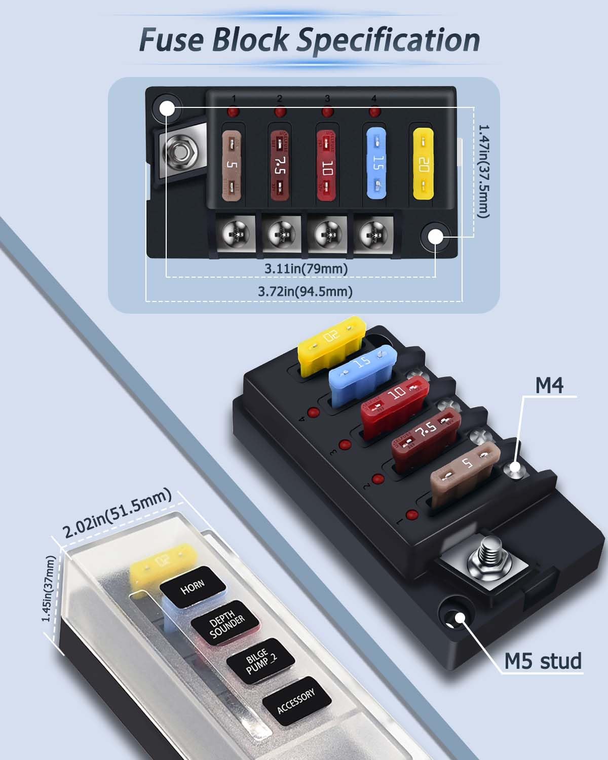 YEZriler 12V Fuse Block, 4 Circuits Waterproof Marine Fuse Panel Relay Box Kit with LED Indicator Damp-Proof Cover, 12 Volt Fuse