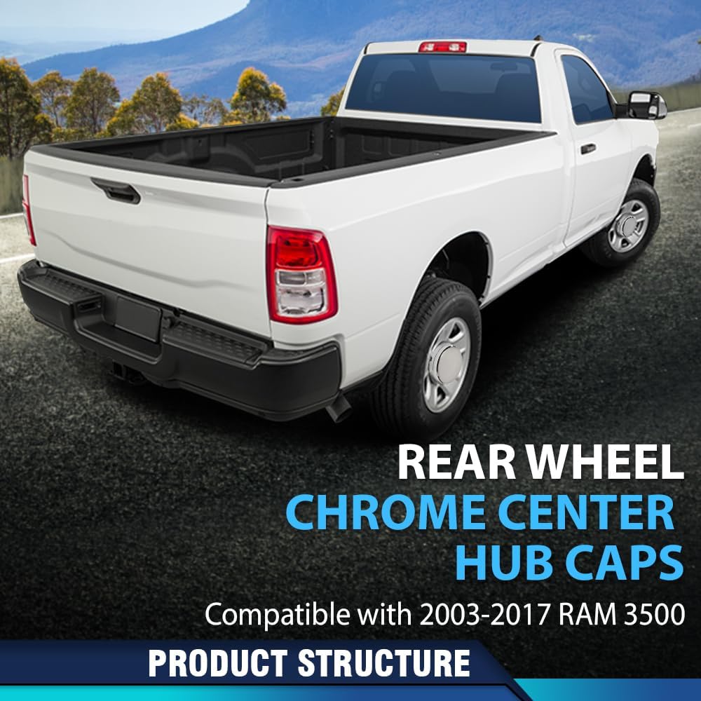 Pit66 Rear Wheel Center Hub Cap, Compatible With Dodge Ram 3500 2003-2017 1-Ton Dually 8-Lug 5 Slot 17'' Steel Chrome Rear Wheel