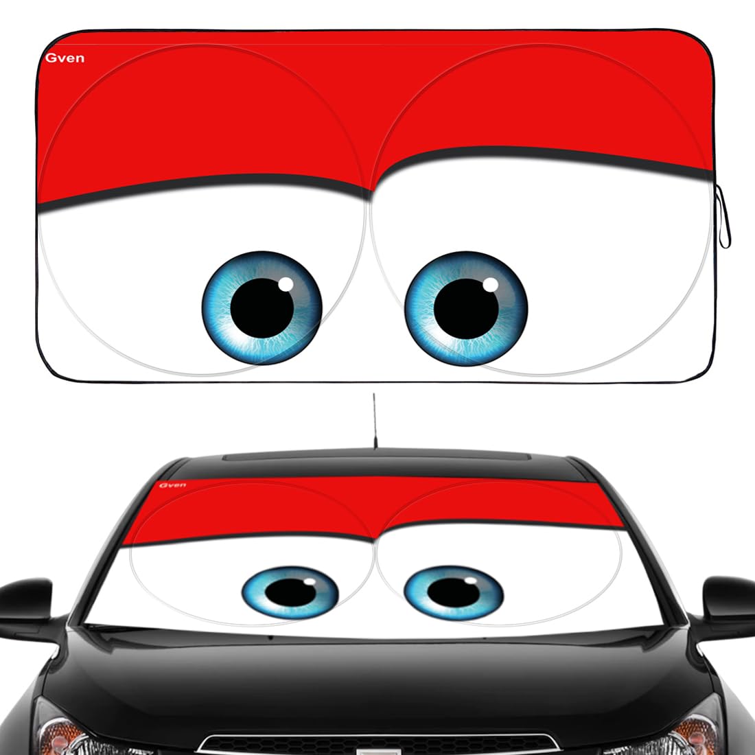 Gven Windshield Shade, Car Sun Shade For Front Windshield Funny Car Eyes Sunshades Sun Visor Protector Blocks Uv Rays Foldable 2
