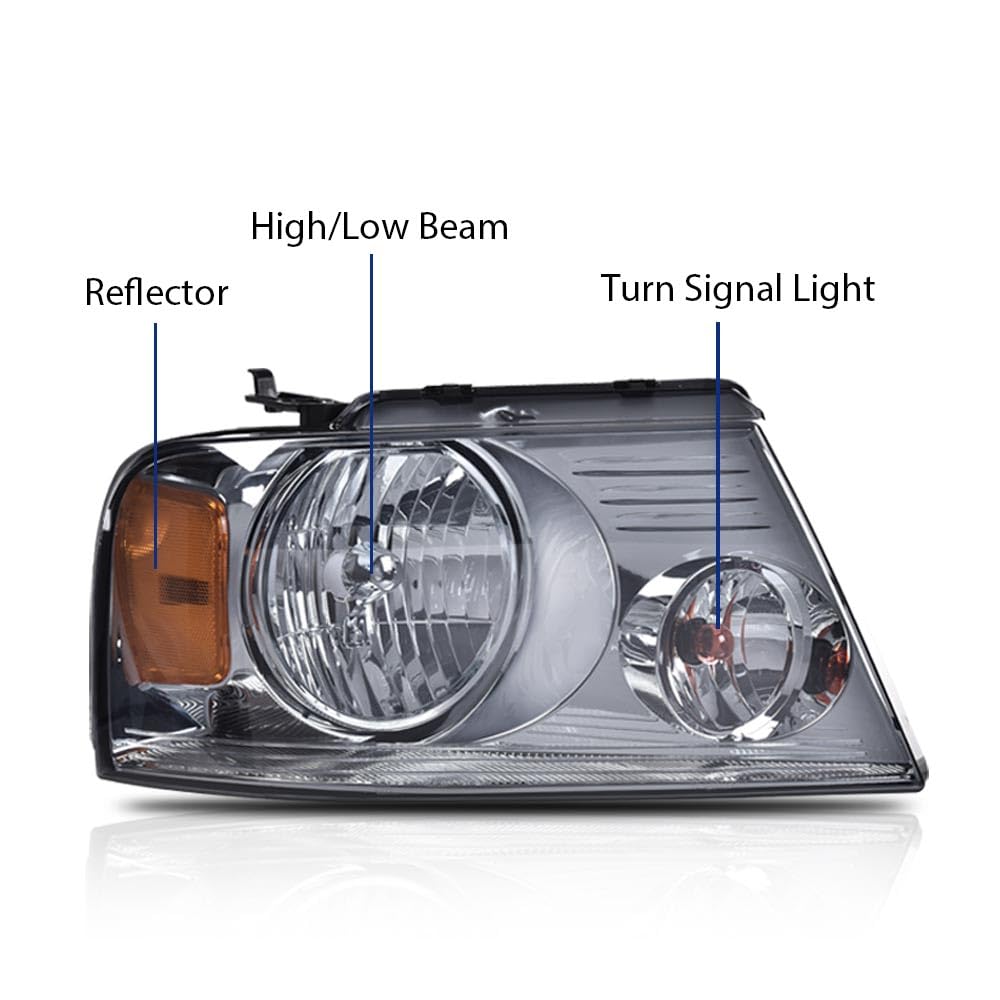 Cheda Headlights Assembly Compatible With 2004-2008 Ford F150/2006-2008 Lincoln Mark Lt Bumper Headlamp, Chrome Housing Halogen(