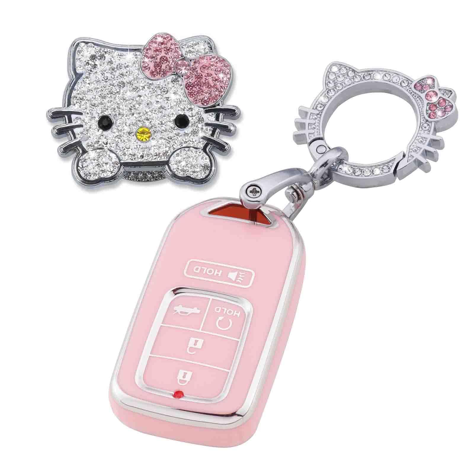 Pangpai Pink Car Accessories 3 Pcs For Honda Accord Civic Crv Pilot Odyssey Key Fob Cover With Bling Keychain Cute Push To Start