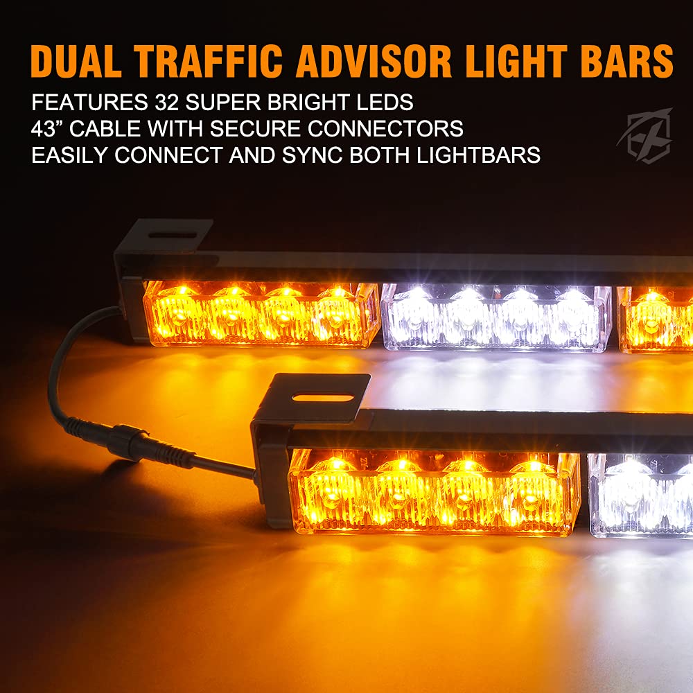 Xprite White Amber Led Emergency Traffic Advisor Strobe Dual Light Bar W/Control Box, Windshield Visor Suction Cup Safety Hazard