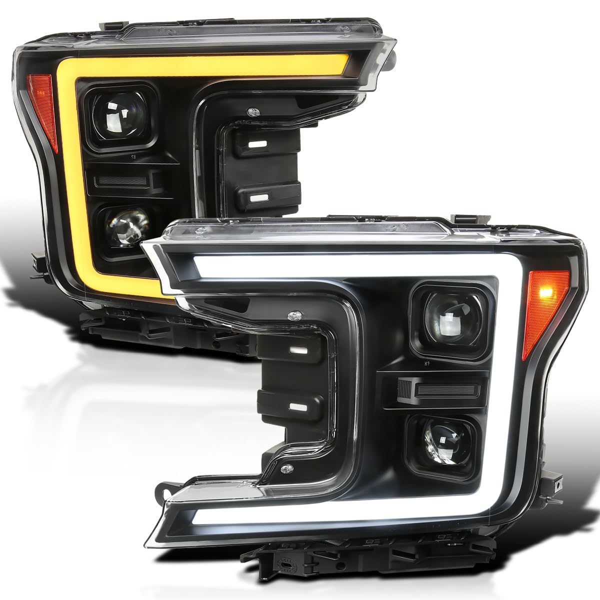 Spec-D Tuning Black Projector Headlights Led Sequential Signal Switchback Compatible With 2018-2020 Ford F150 Left + Right Pair Headlamps Assembly