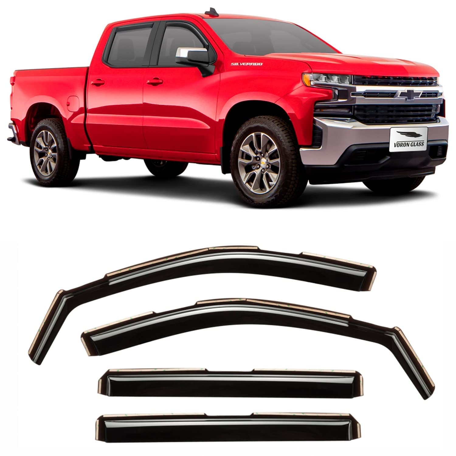 Voron Glass In-Channel Extra Durable Rain Guards For Trucks Chevrolet (Chevy) Silveradogmc Sierra 1500 2019-2022 Crew Cab, Windo