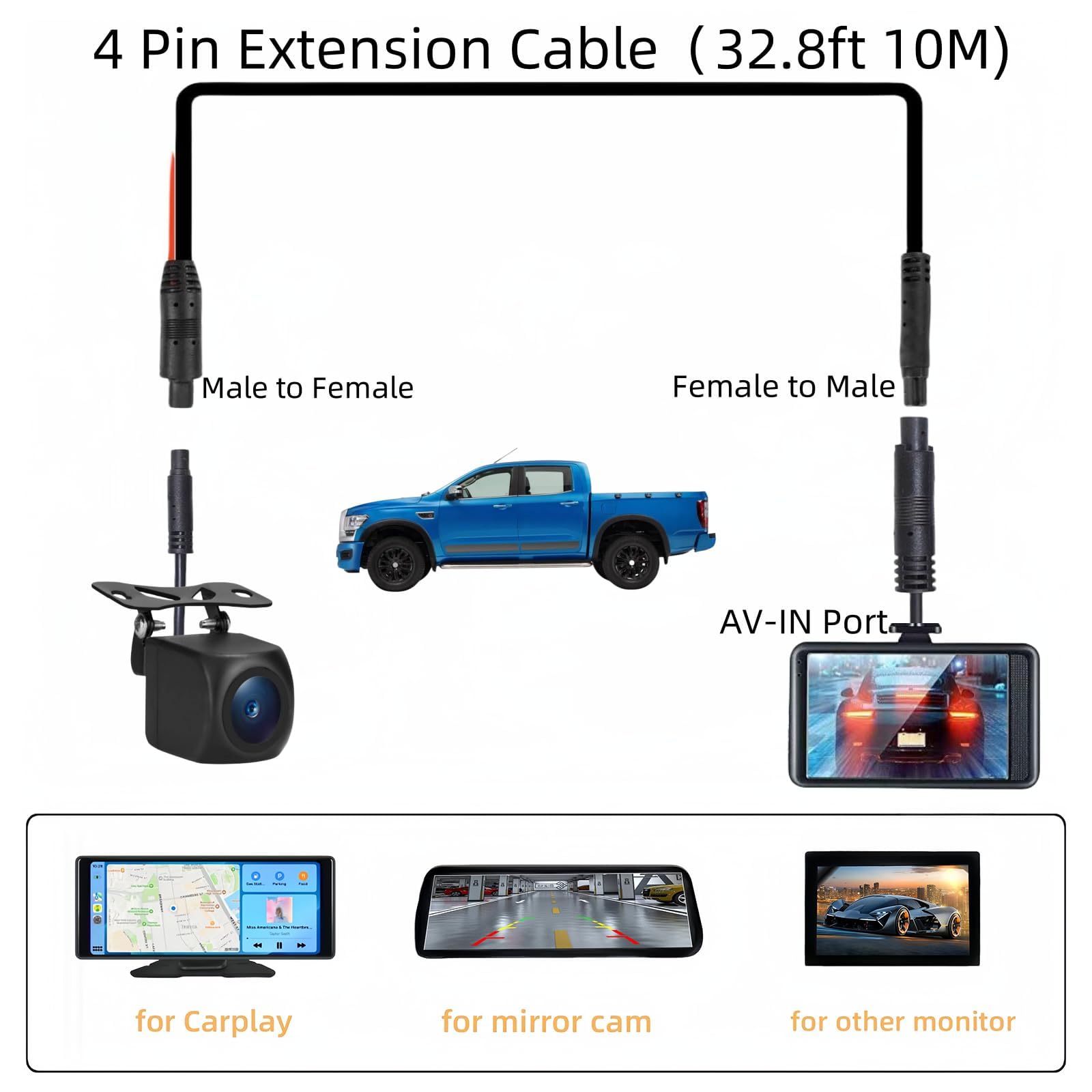 4 Pin 32.8Ft Dash Cam Rear View Backup Camera Male To Female 4Pin Cable Reverse Car Recorder Video Cable Extension Cord (4-Pin32