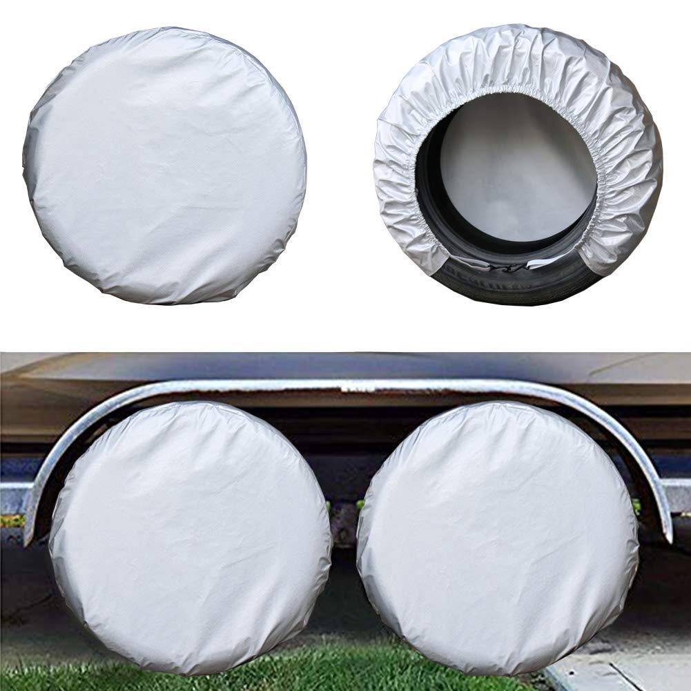 Kayme Four Layers Tire Covers Set Of 4 For Rv Travel Trailer Camper Vinyl Wheel, Sun Rain Snow Protector, Waterproof, Silver, Fi