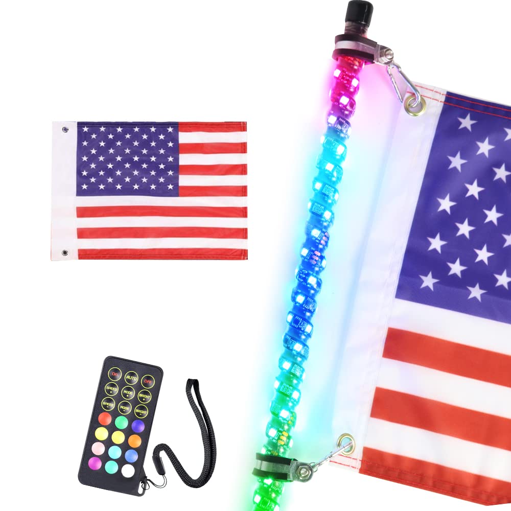 AddSafety 3FT RF Remote Control LED Whips Light with Dacning/Chasing Light with Hookup and American Flag for Off- Road Vehicle A