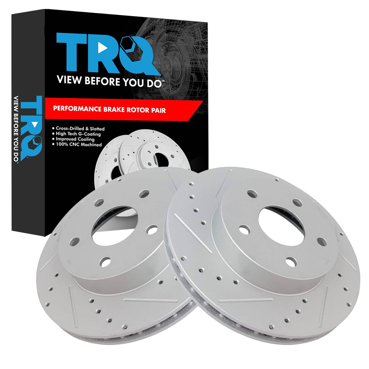 Trq Front Performance Brake Rotors Set Premium G-Coated Cross Drilled & Slotted Compatible With 1999-2004 Jeep Grand Cherokee