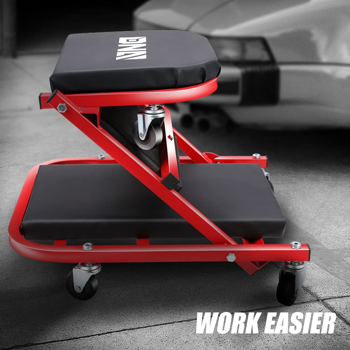 Dna Motoring Tools-00186 40 Inches 2 In 1 Rolling Folding Car Creeper/Seat, 6 Pcs 2'' Casters, 150Kg Weight Capacity, Red