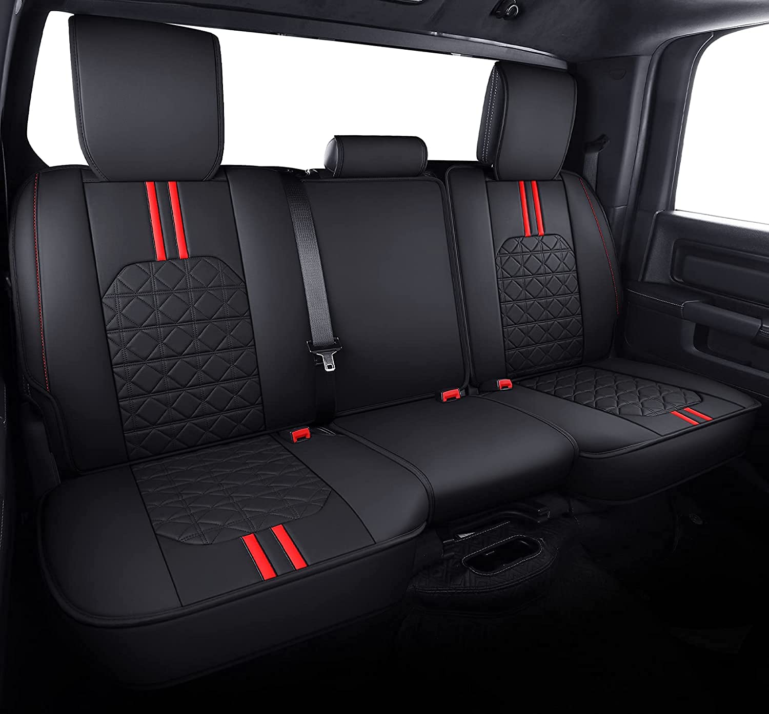 Yiertai Ram Seat Covers Fit For 2009-2023 2024 1500Hd 2010-2024 2500/3500Hd Pickup Rear Seat Cover Crew Double Cab Quad Cab Waterproof Faux Leather Seat Covers(1 Rear Seat Cover/Black-Red)