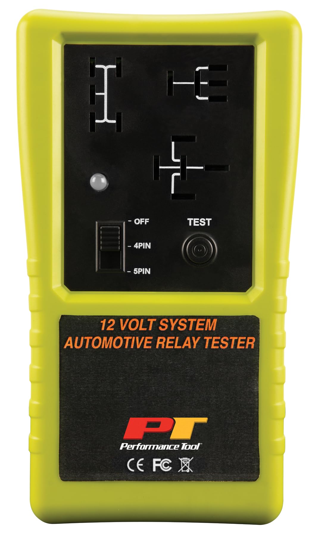 Performance Tool 3009 Cordless Automotive Relay Tester for 12V 4 & 5 Pin Relays - Standard Size - Green/Red