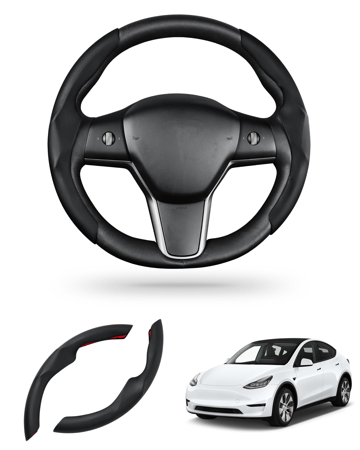 Canvcle Custom-Fit Steering Wheel Cover For Tesla, Telsa Model 3 / Y Leather Steering Wheel Cover For Men/Women, Anti-Slip, Comf