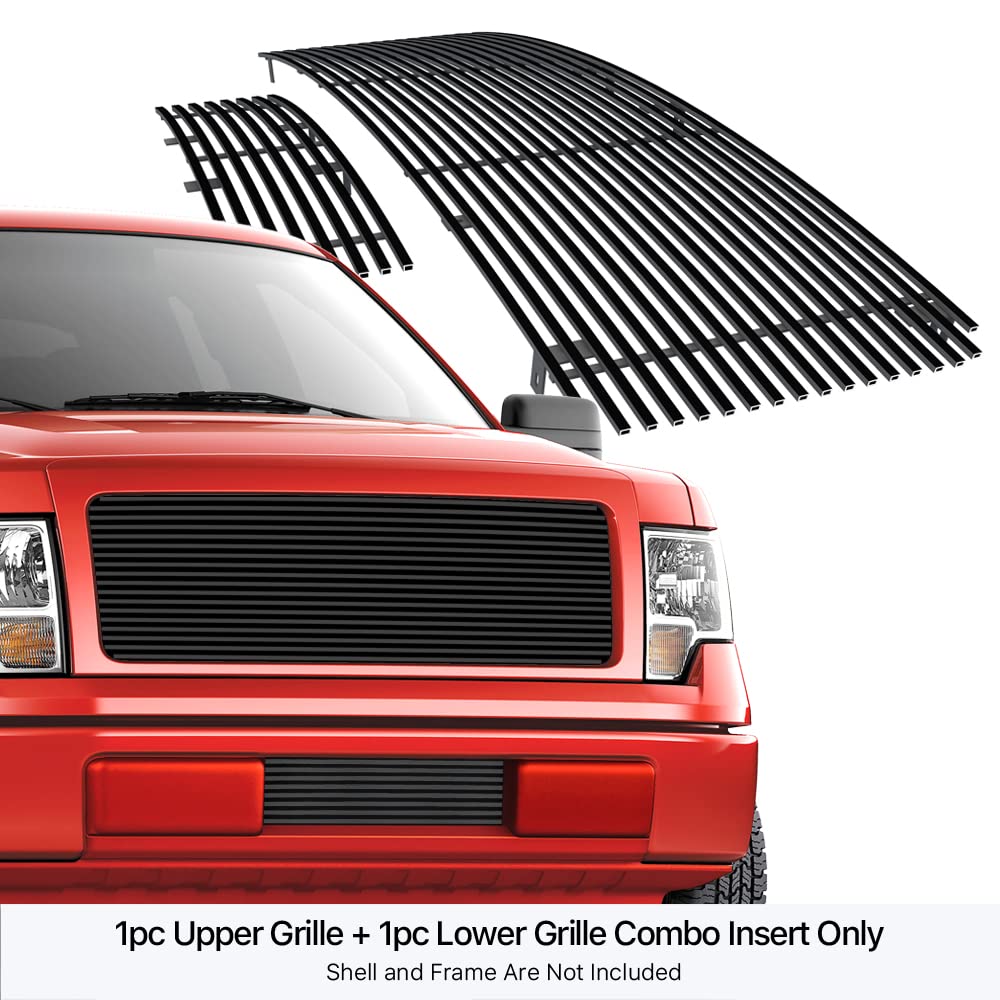 Aps Compatible With Ford F-150 2009-2014 Stainless Steel Black 8X6 Horizontal Billet Grille Insert Combo F86614H