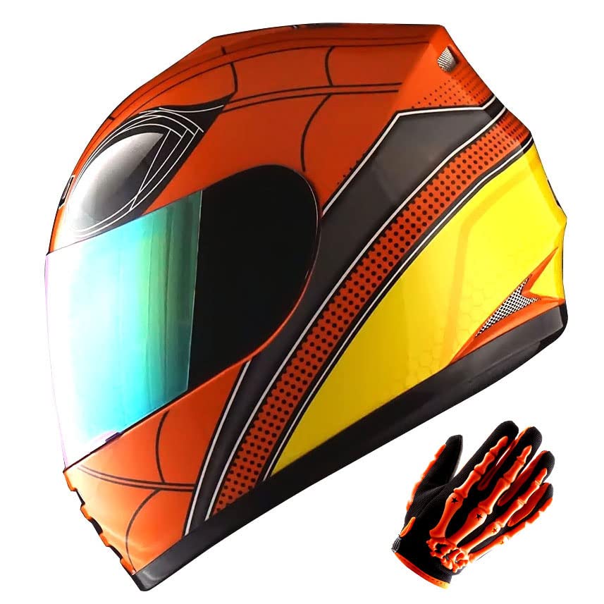 Wow Youth Motorcycle Full Face Helmet Street Bike Bmx Mx Kids Spider Orange + Mx Skeleton Glove Bundle