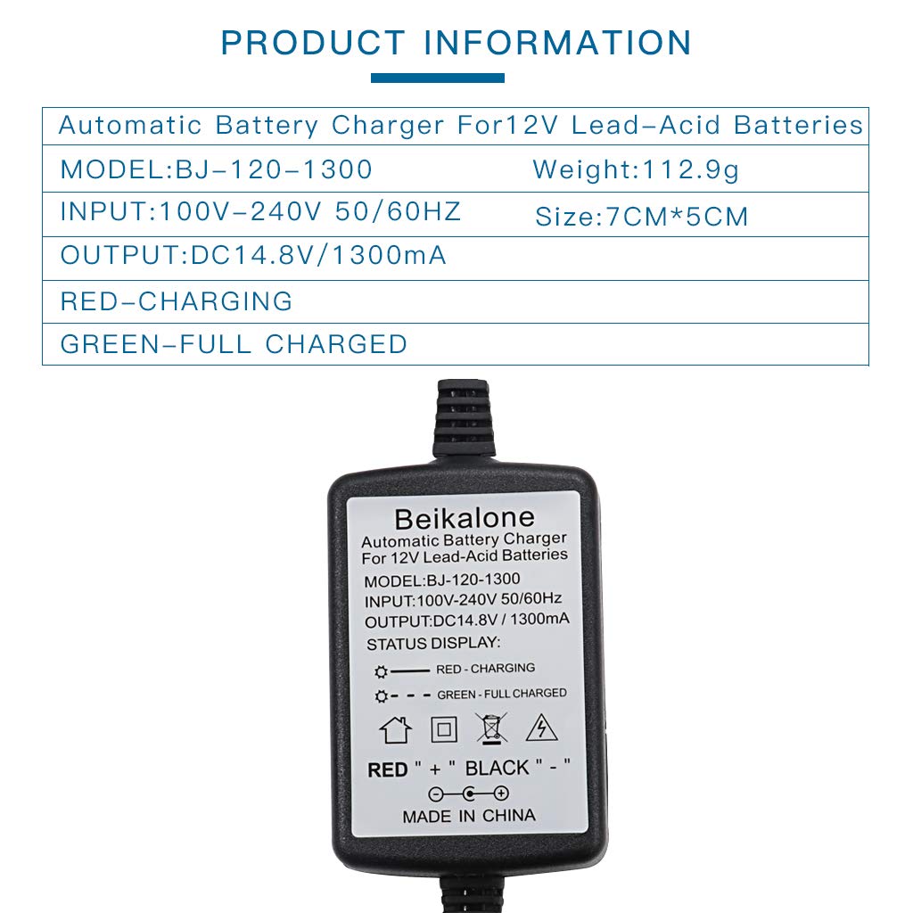 Beikalone 12V Sealed Lead Acid (Sla) Battery Charger 1300Ma, With Short Circuit Protection