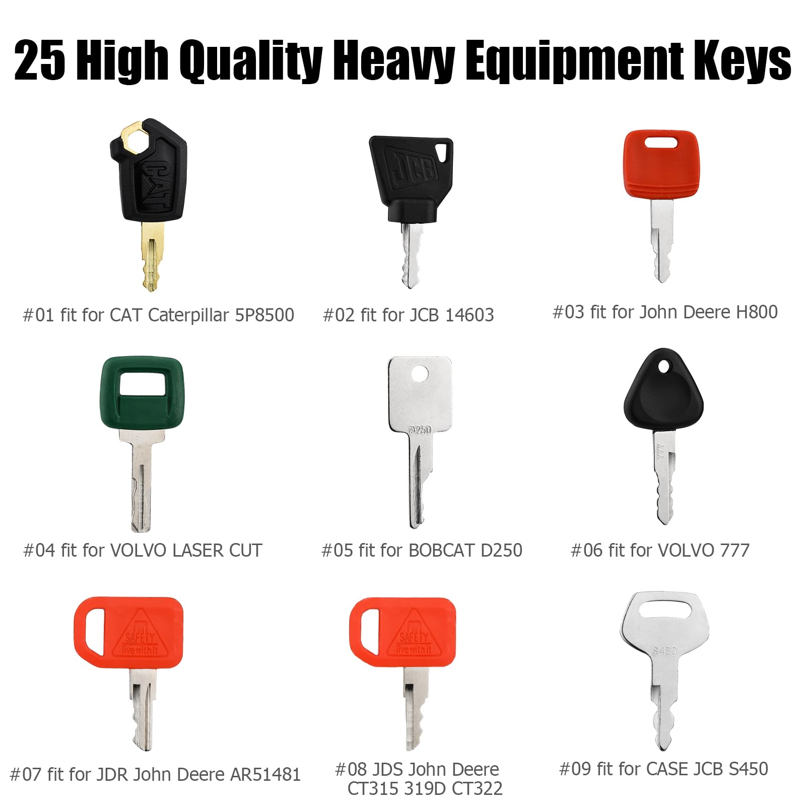 Tecreddy 25 Heavy Equipment Keys Set - Master Key for Cat, John Deere, Bobcat, JLG, Komatsu - Black Construction Equipment Accessory