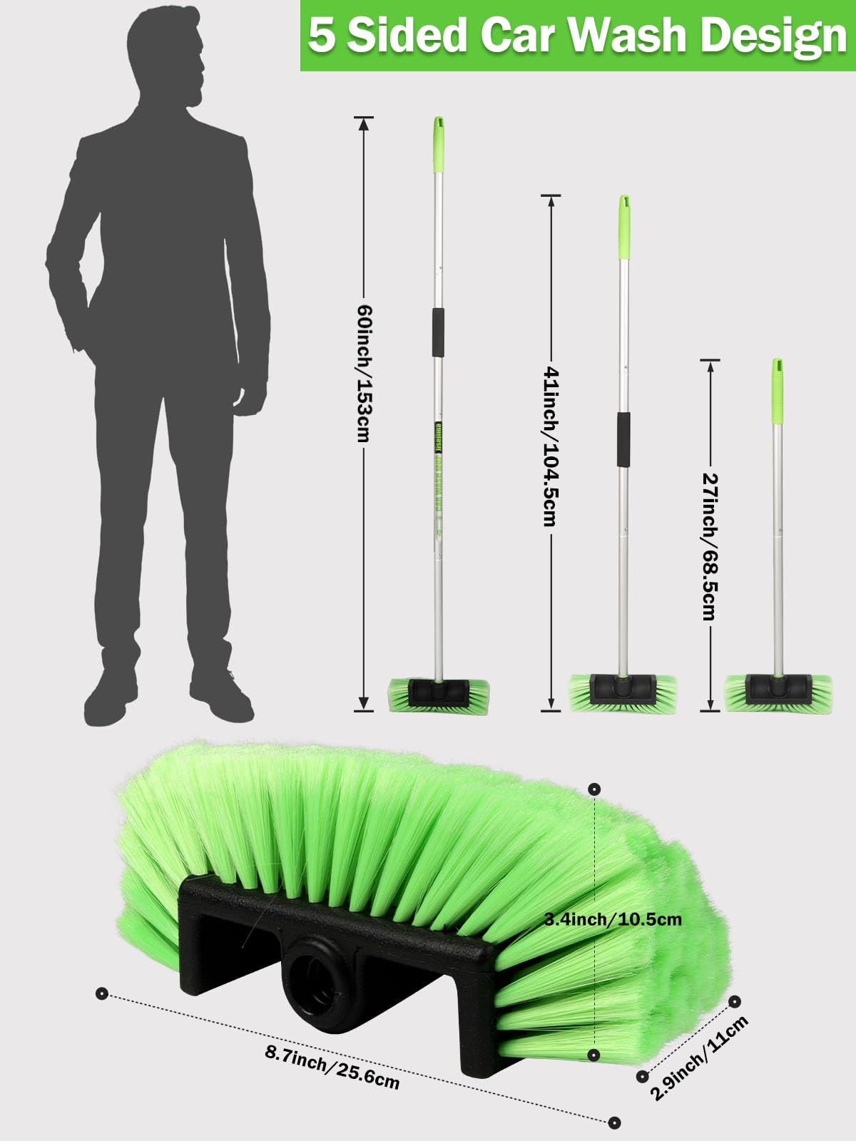 Jisejima Five-Sided Car Wash Brush With Long Handle,Soft Bristle Scrub Cleaning Mop With Extendable Handle For Car, Suv, Truck,