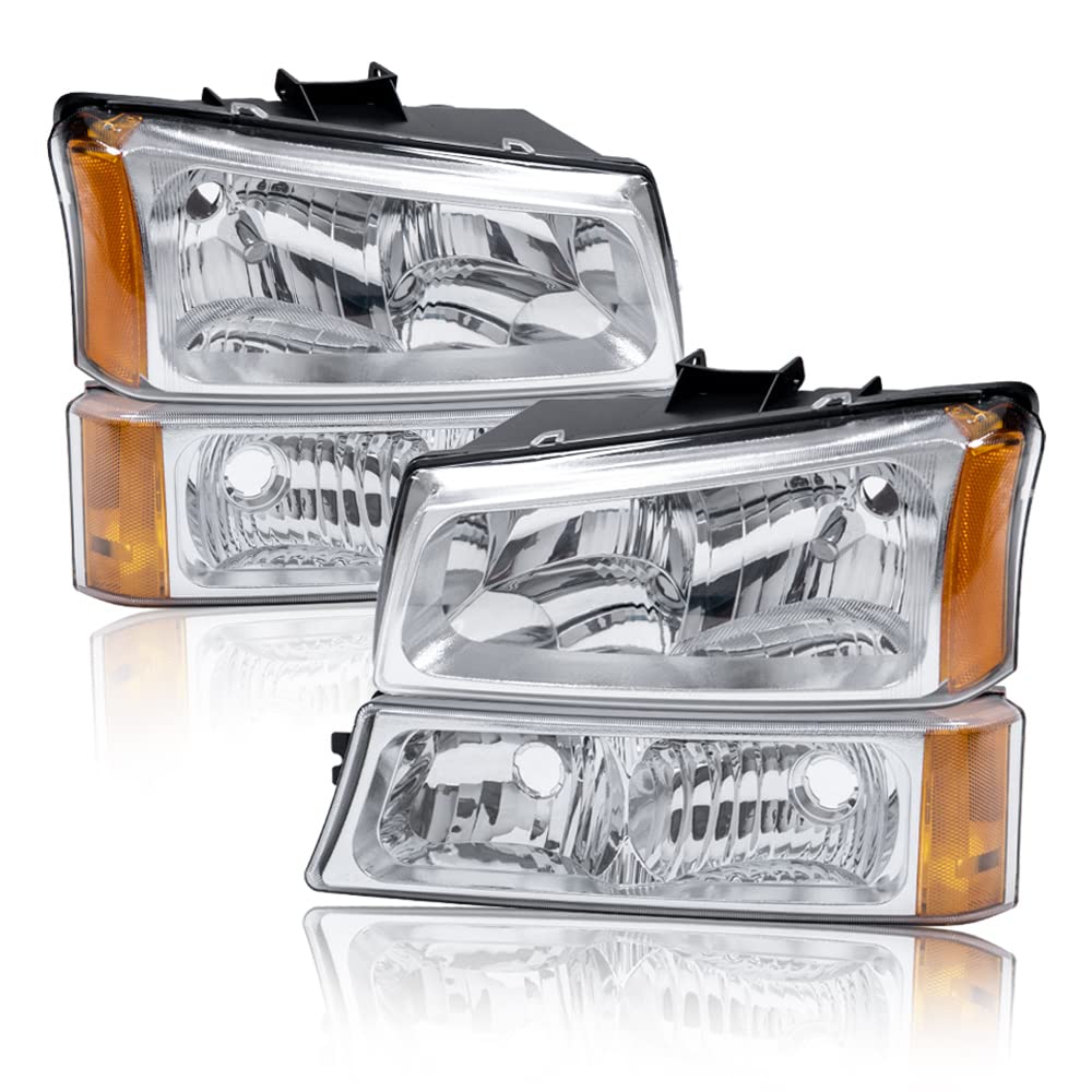 Pit66 Headlights, Compatible With 03-06 Chevy Silverado 1500 2500 3500 Hd Models/03-06 Avalanche 1500 2500(Fit No Cladding Only) Clear Lens Chrome Housing Amber Corner