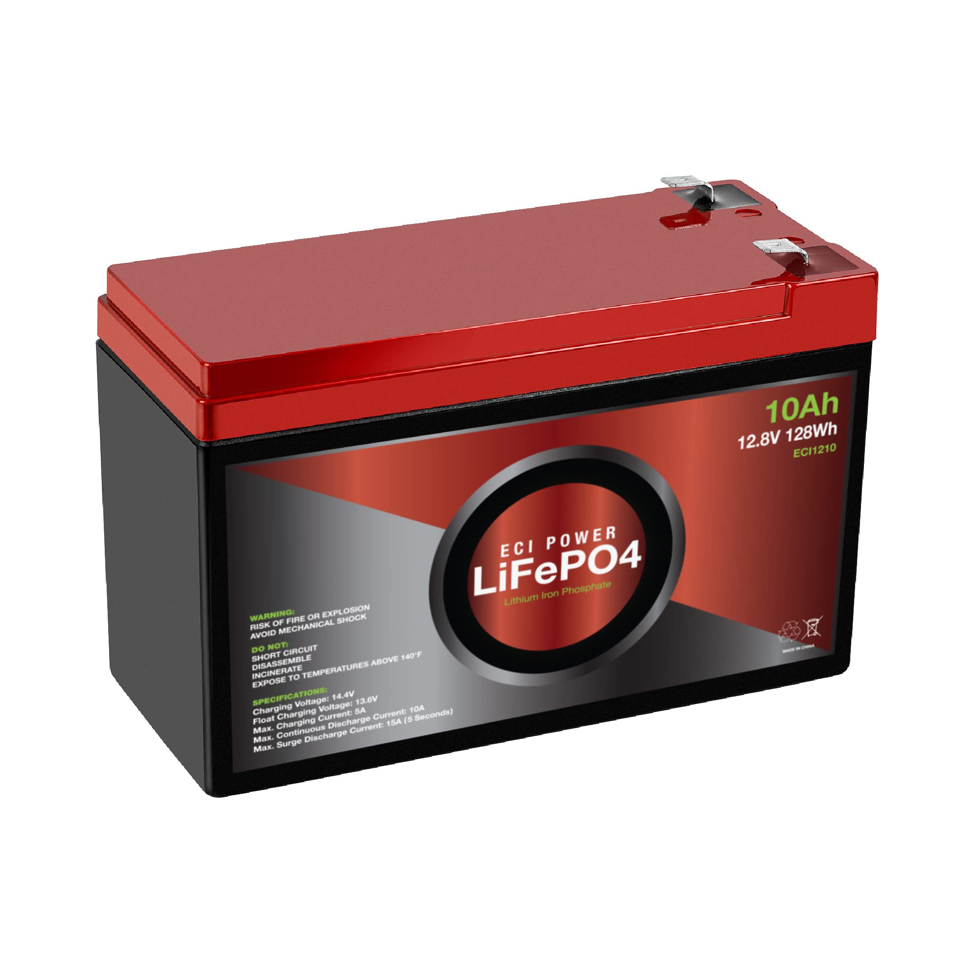 ECI Power 12V 10Ah Lithium LiFePO4 Deep Cycle Rechargeable Battery | 2000-5000 Life Cycles & 10-Year Lifetime | Built-in BMS | P