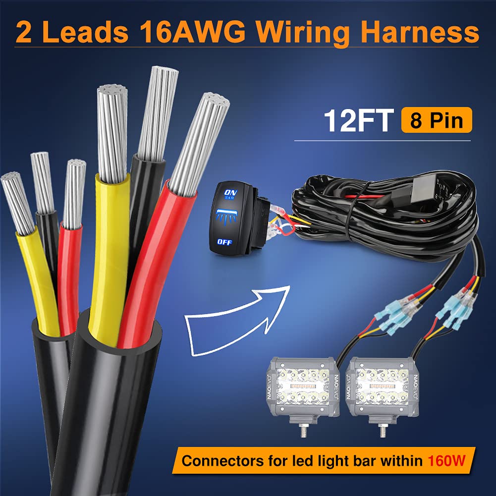 Naoevo 16Awg 160W Wiring Harness, Customized For Naoevo 6 Modes Light Bar, 8 Pin 12V 40A Relay On-Off Rocker Switch For Change Modes-2 Leads 12Ft