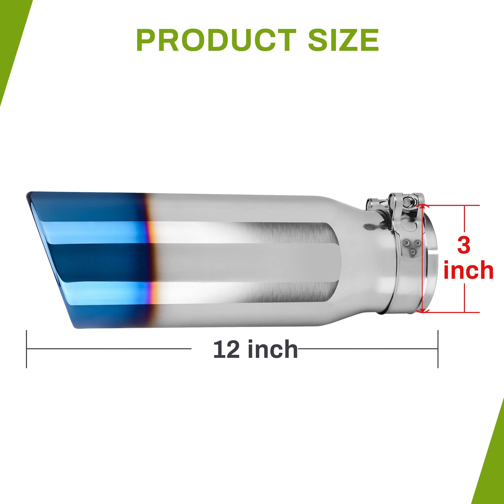 Autosaver88 3 Inch Exhaust Tip, 3 Inlet 4 Outlet 12 Overall Length Chrome Polished Stainless Steel Exhaust Tail Tip For 3 Outer Diameter Tailpipe, Rolled Angle Cut, Bolt/Clamp On, Burnt Blue
