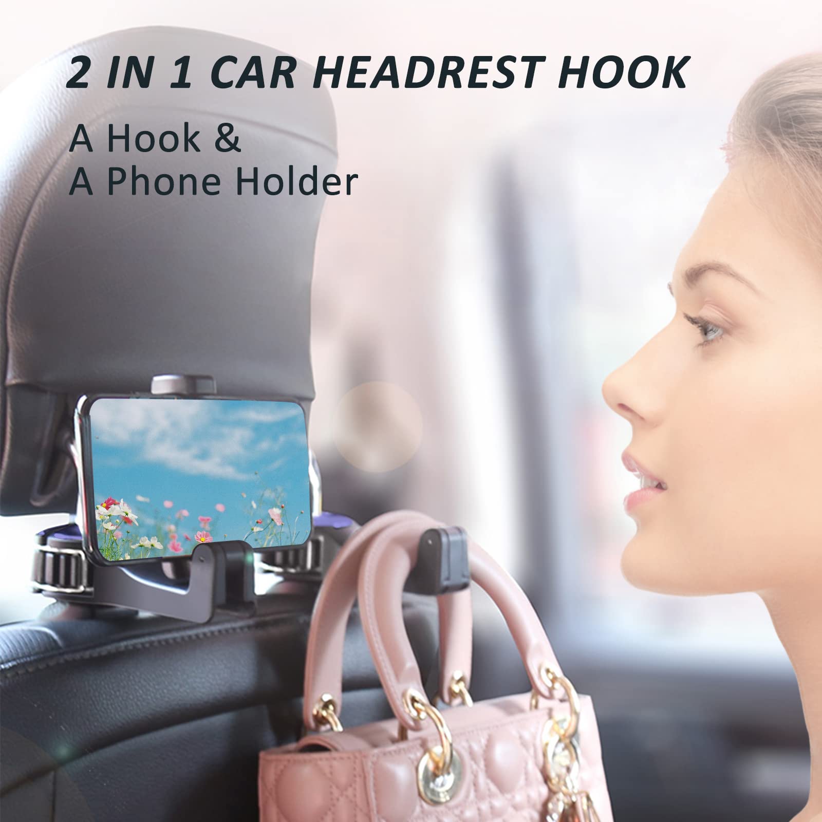 Scovvord Car Headrest Hidden Hook With Phone Holder, Car Seat Hooks For Purses And Bags, Universal 360 Rotation Headrest Hooks P