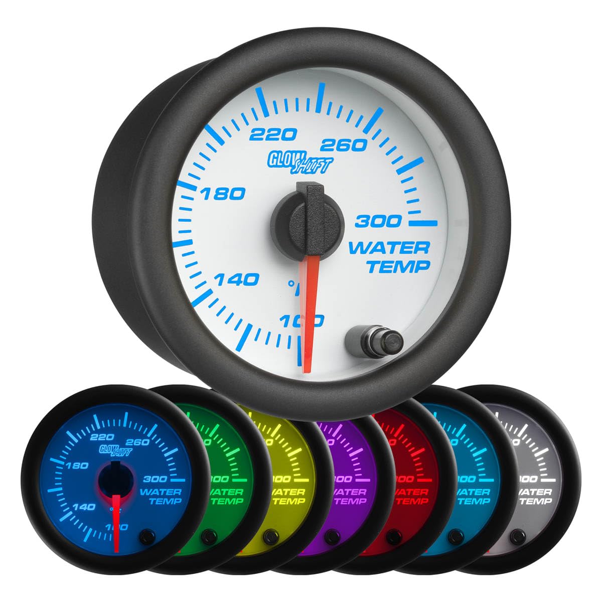 Glowshift White 7 Color 300 F Water Coolant Temperature Gauge Kit - Includes Electronic Sensor - White Dial - Clear Lens - For C