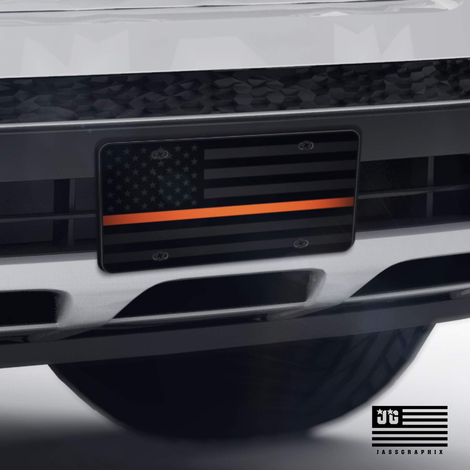 Jass Graphix Thin Orange Line Almost Invisible American Flag License Plate Sar Ems Search And Rescue Matte Black On 1/8 '' Black