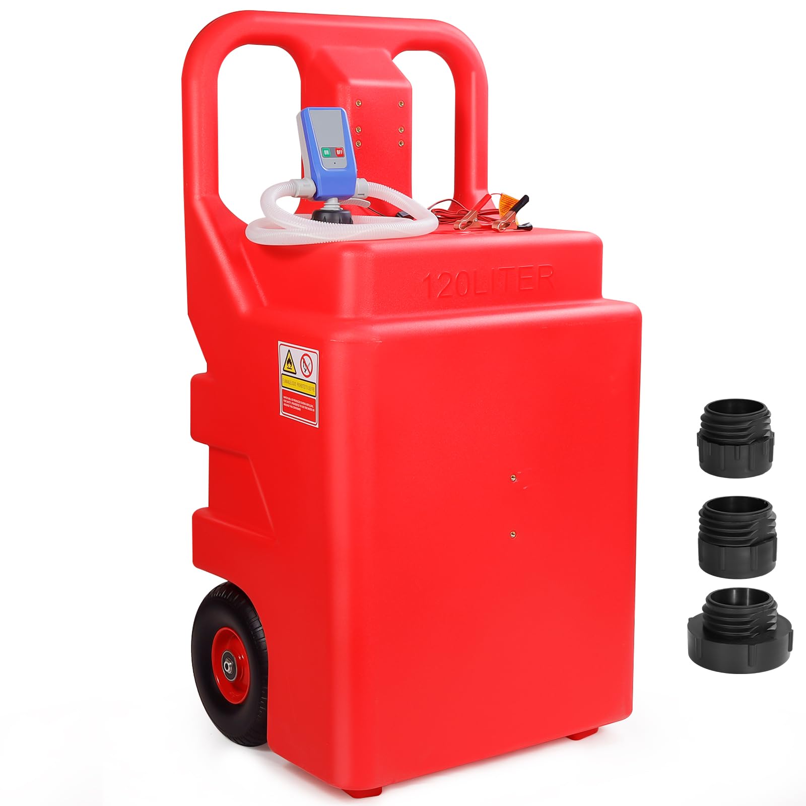 Automatic Fuel Transfer Pump with 32 Gallon Portable Fuel Caddy Tank, Auto-Stop Sensor Nozzle, AA Battery/12V DC 2 Power Modes, 