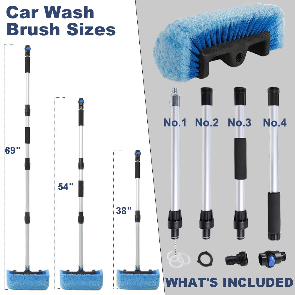 Navapal 69'' Car Wash Brush With Long Handle, Flow-Thru Soft Bristle Car Washing Brush With Extendable Handle And Hose Attachmen