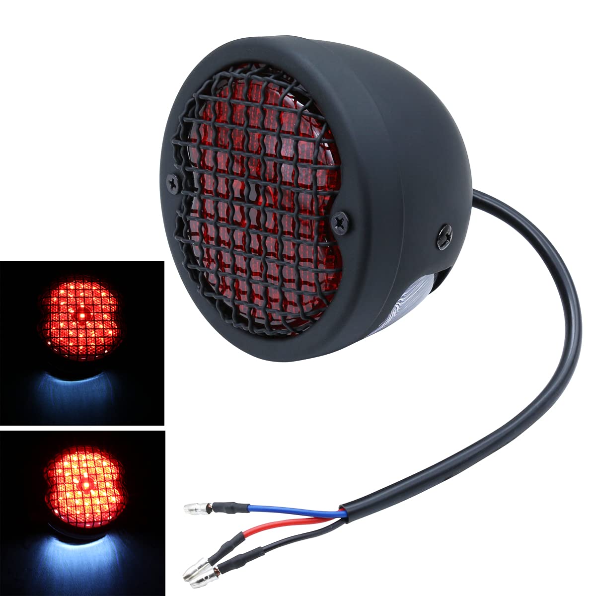 Fatecim Round Motorcycle Led Tail Light Rear Brake Stop Light Red Lens Grille Ribbed Integrated License Plate Lamp For Harley Sporster Bobber Chopper Cruiser Honda Yamaha Suzuki Kawasaki Black