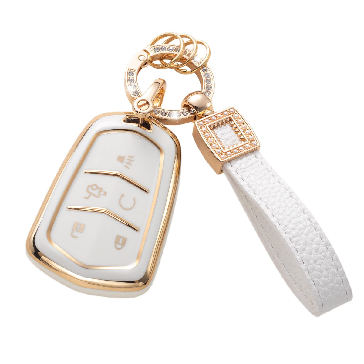 Cacarlike Cadillac Key Fob Cover With Leather Lanyard, Tpu Case For Cadillac Escalade Cts Srx Xt5 Ats Ct6 5 Buttons Smart Key Pr