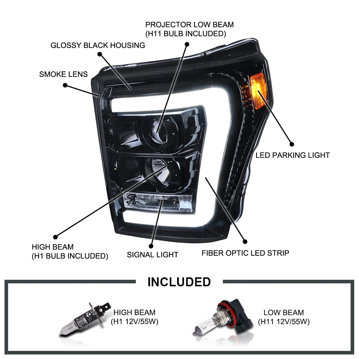 Spec-D Tuning Glossy Black Led Bar Projector Headlights Compatible With 2011-2016 Ford F250 F350 F450 F550 Super Duty Left + Rig