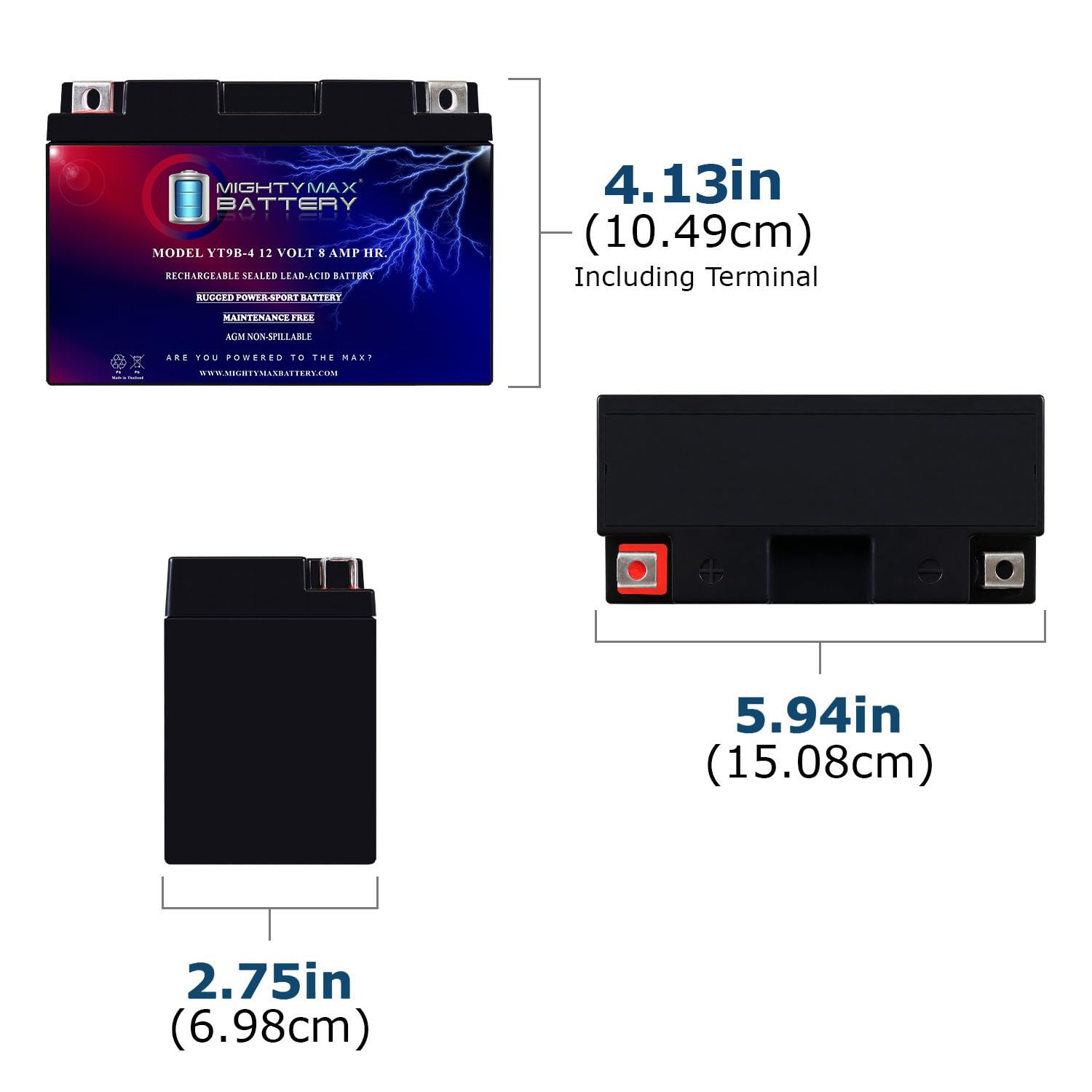 Mighty Max Battery Yt9B-4-12 Volt 8 Ah, 100 Cca, Rechargeable Maintenance Free Sla Agm Motorcycle Battery