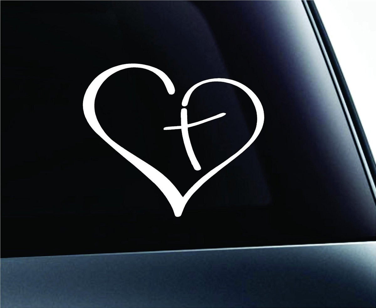 Heart with Cross in Center Decal Sticker Vinyl for Car Auto Christian (3.5', White)