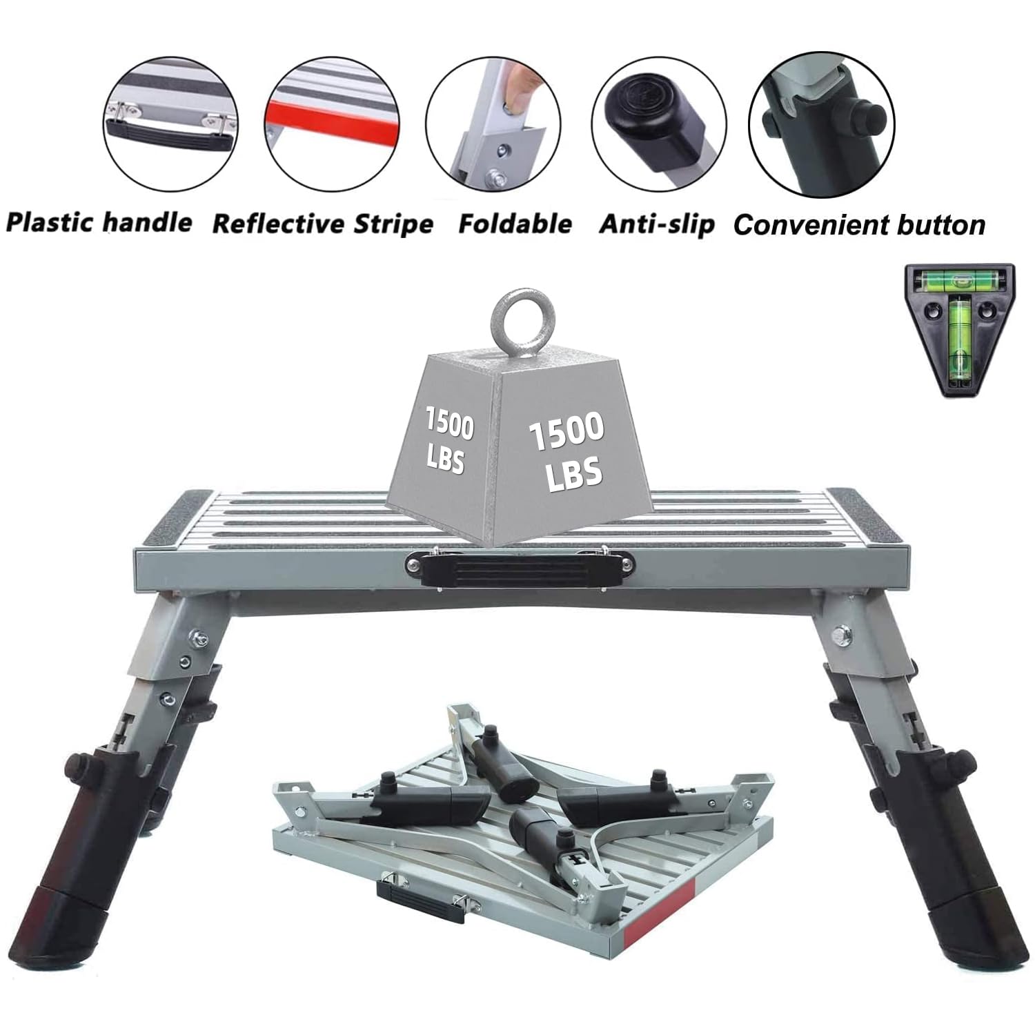 Homeon Wheels 19 X 14.5 Large Rv Step Stool, 1,500Lbs Adjustable Height Aluminum Folding Platform Step Sheath Non-Slip Rubber Feet, Reflective Stripe, Handle, Rv T Level Rv Steps