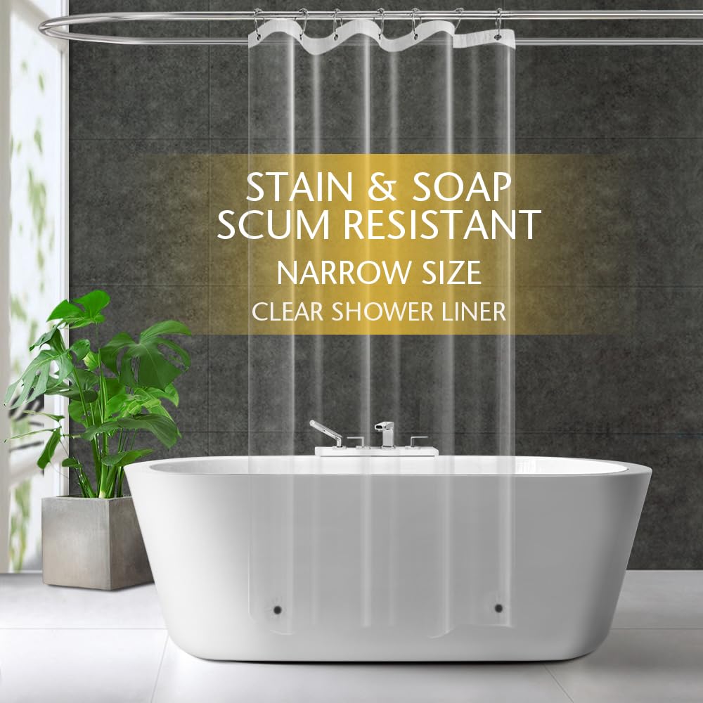 Zemahome Narrow Size Clear Plastic Shower Curtain Liner, 42X72 Inch Thin Lightweight Transparent Plastic Bathroom Shower Showroom Inner Curtain With Rustproof Metal Grommet Holes And Weighted Magnets