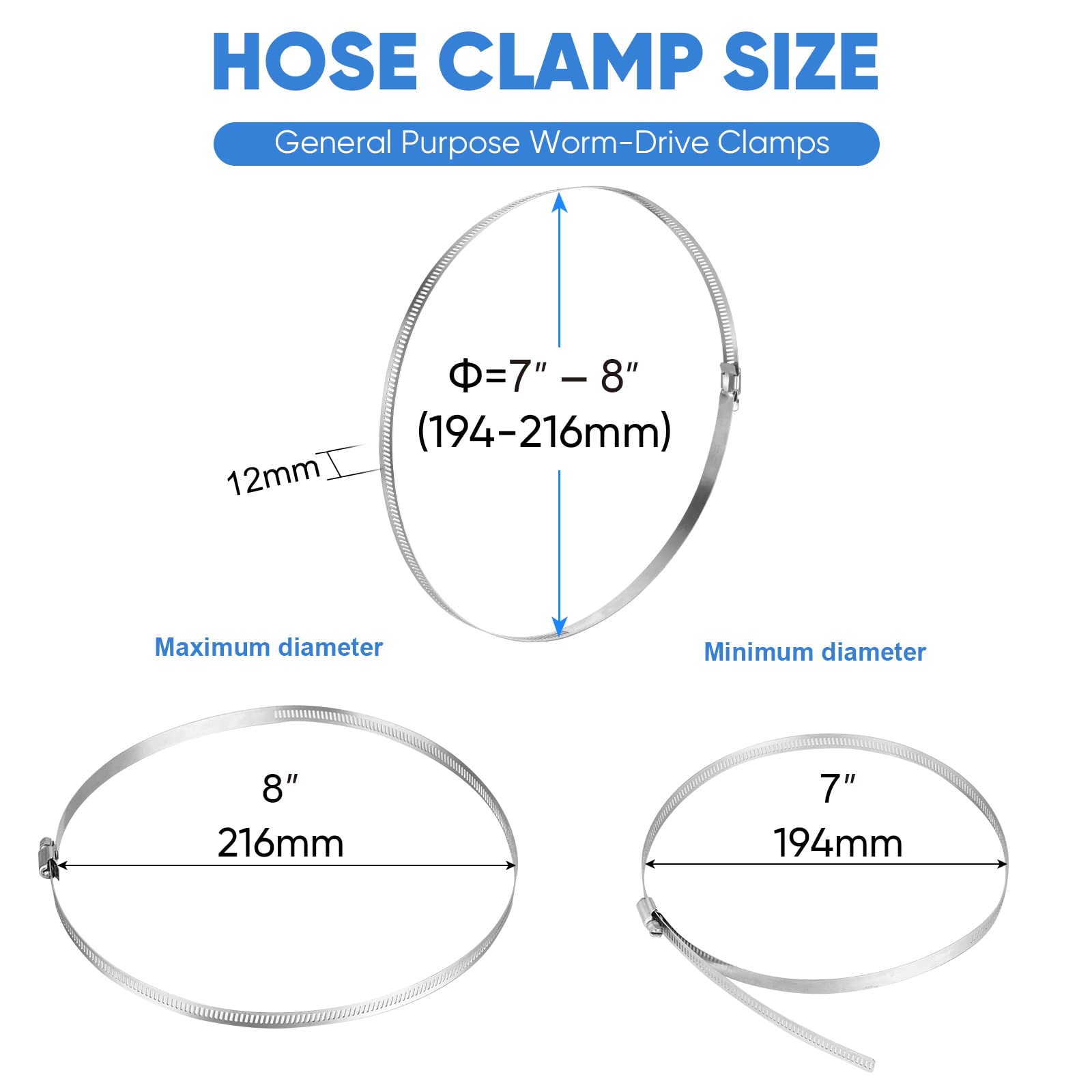 Ticonn 6Pcs Hose Clamp Set - 8'' 304 Stainless Steel Worm Gear Hose Clamps For Pipe, Intercooler, Plumbing, Tube And Fuel Line