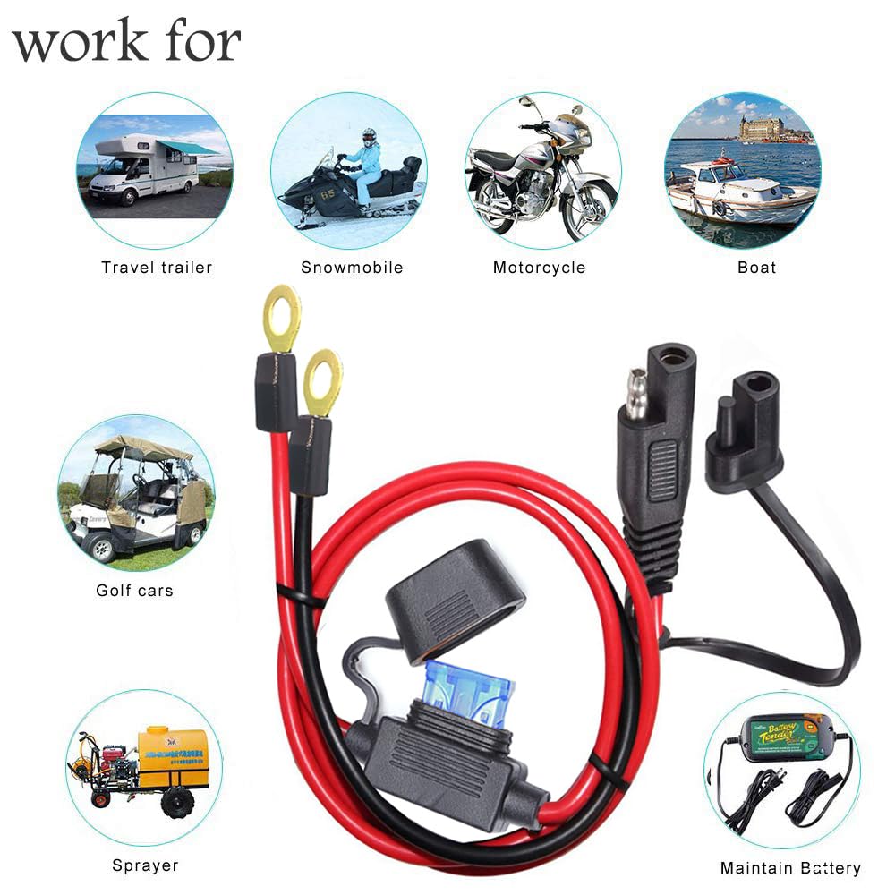 Yetor Sae To O Ring Terminal Harness, Sae Connector With 15A Protection Fuse For Safety, 2-Pin Quick Disconnect Plug,Sae Battery Extension Cable With 3.28Ft 10Awg For Motorcycle Cars. (100Cm)