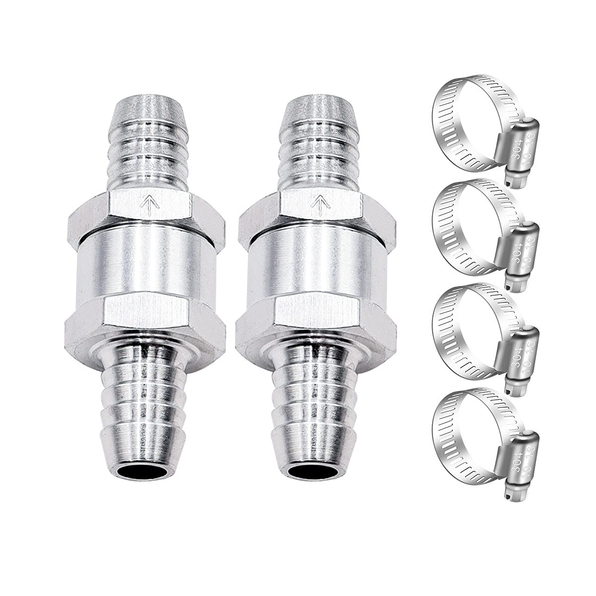 Mxuteuk 2Pcs 1/2 '' 12Mm Aluminium Silver Non Return One Way Check Valve With 4Pcs 10-16Mm Universal Adjustable Hose Clamps For