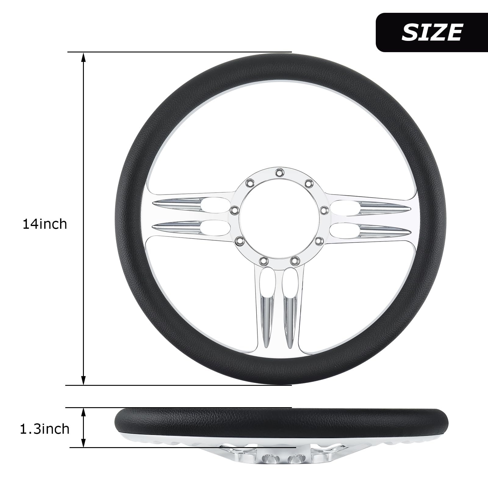 QYMOPAY 14 Black Leather 3 Spoke Steering Wheel - Fits Most 9 Hole Car Models, Durable Billet Design