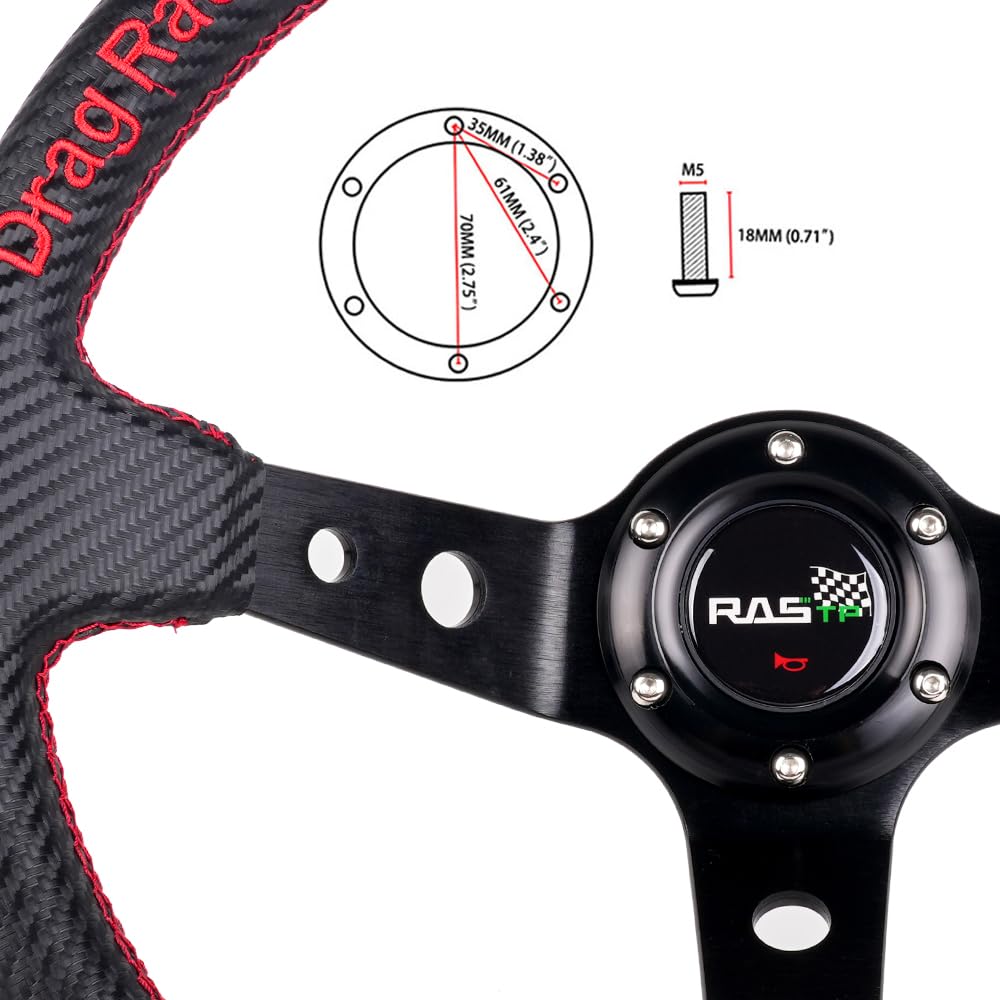 RASTP Deep Dish Steering Wheel,PU Carbon Fiber Racing Steering Wheel,345mm 6 bolt Steering Wheel(Universal)