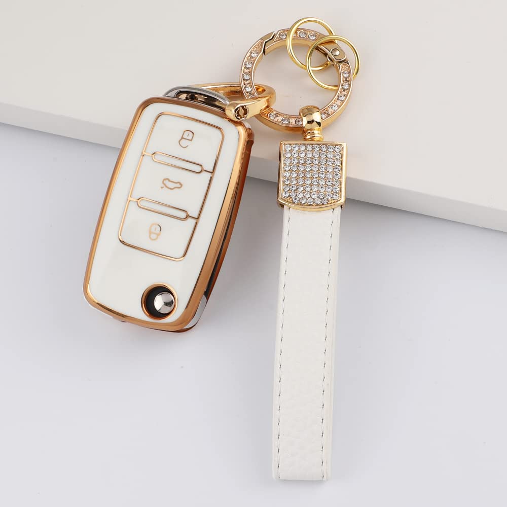1797 For Vw Volkswagen Key Fob Cover Jetta Beetle Tiguan Passat Golf Accessories Car Keychain Bling Case Shell Protector Girly Cute 3 Button White Gold Tpu